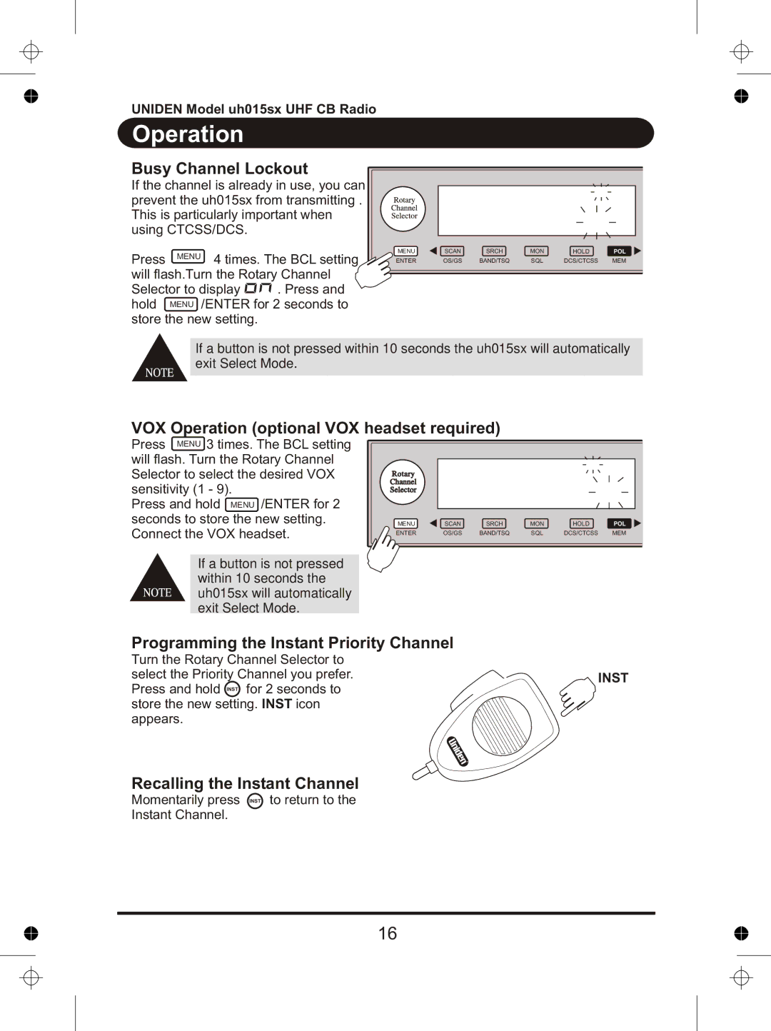 Uniden UH015sx manual VOX Operation optional VOX headset required, Programming the Instant Priority Channel 