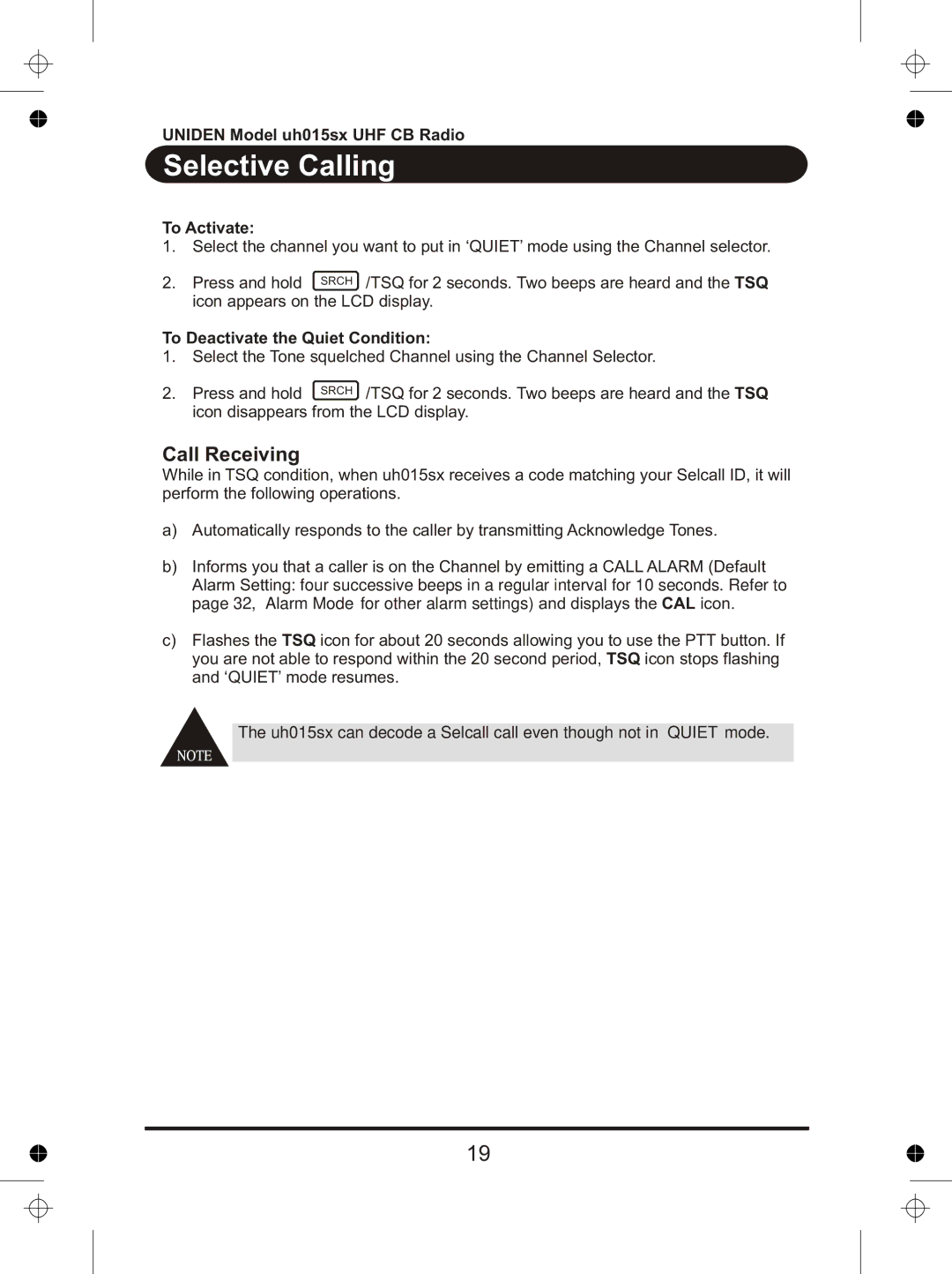 Uniden UH015sx manual Call Receiving, To Activate 