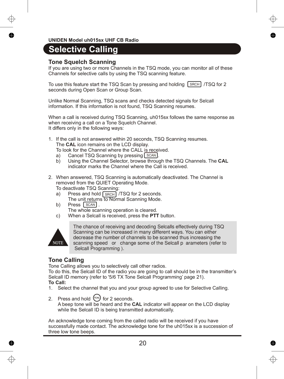 Uniden UH015sx manual Tone Squelch Scanning, Tone Calling 