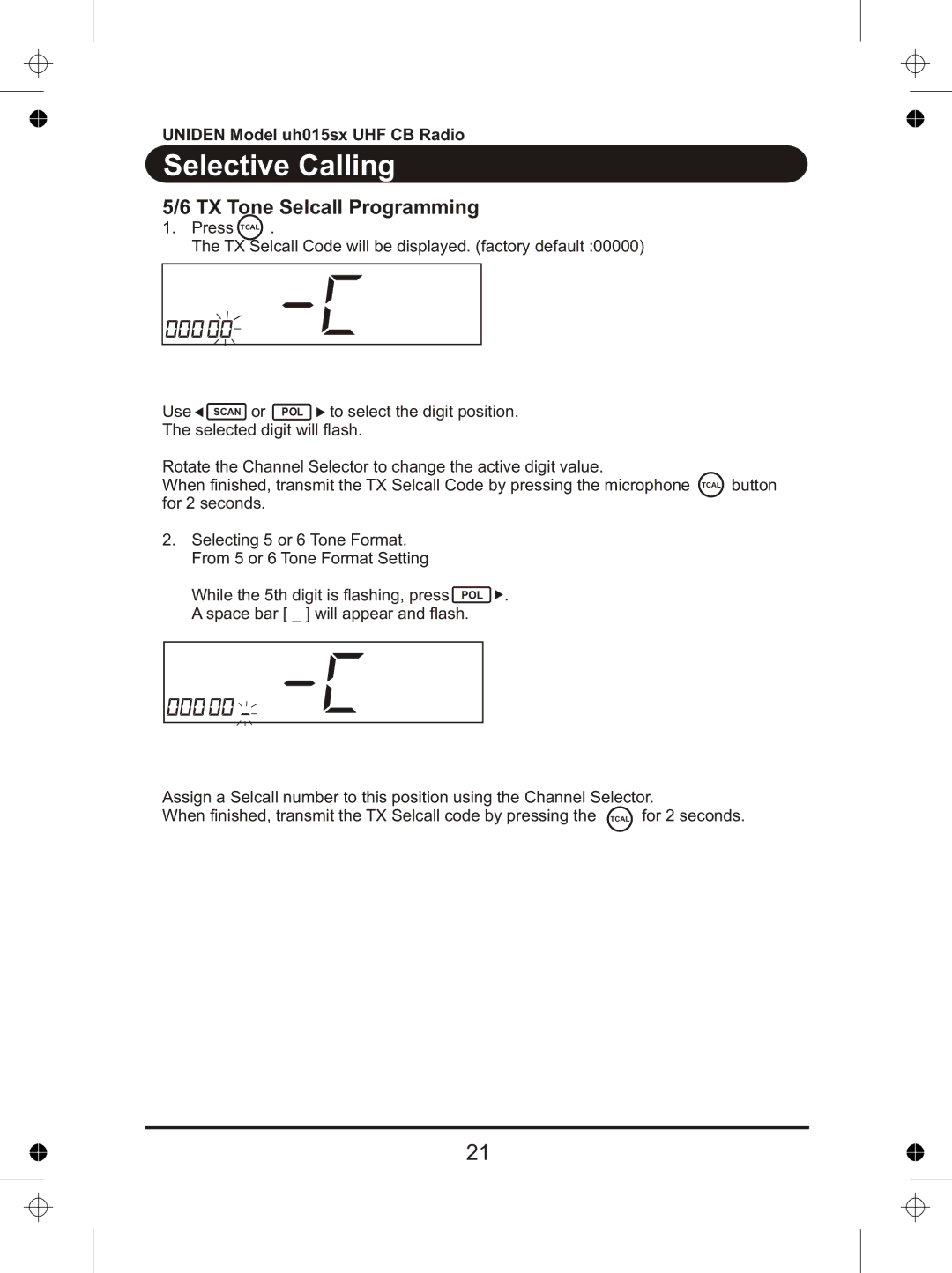 Uniden UH015sx manual TX Tone Selcall Programming 