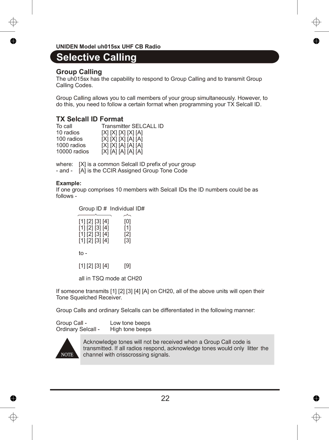 Uniden UH015sx manual Group Calling, TX Selcall ID Format 