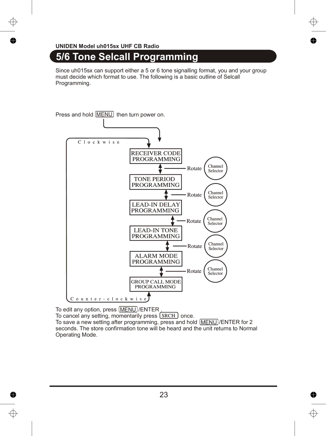 Uniden UH015sx manual Tone Selcall Programming 