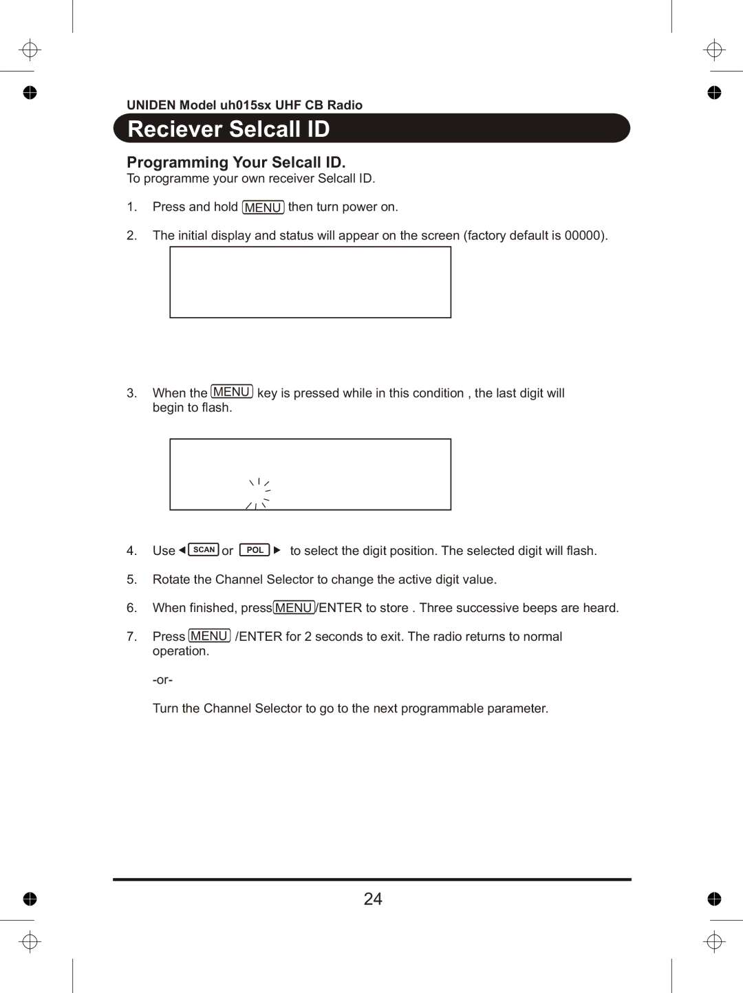 Uniden UH015sx manual Reciever Selcall ID, Programming Your Selcall ID 