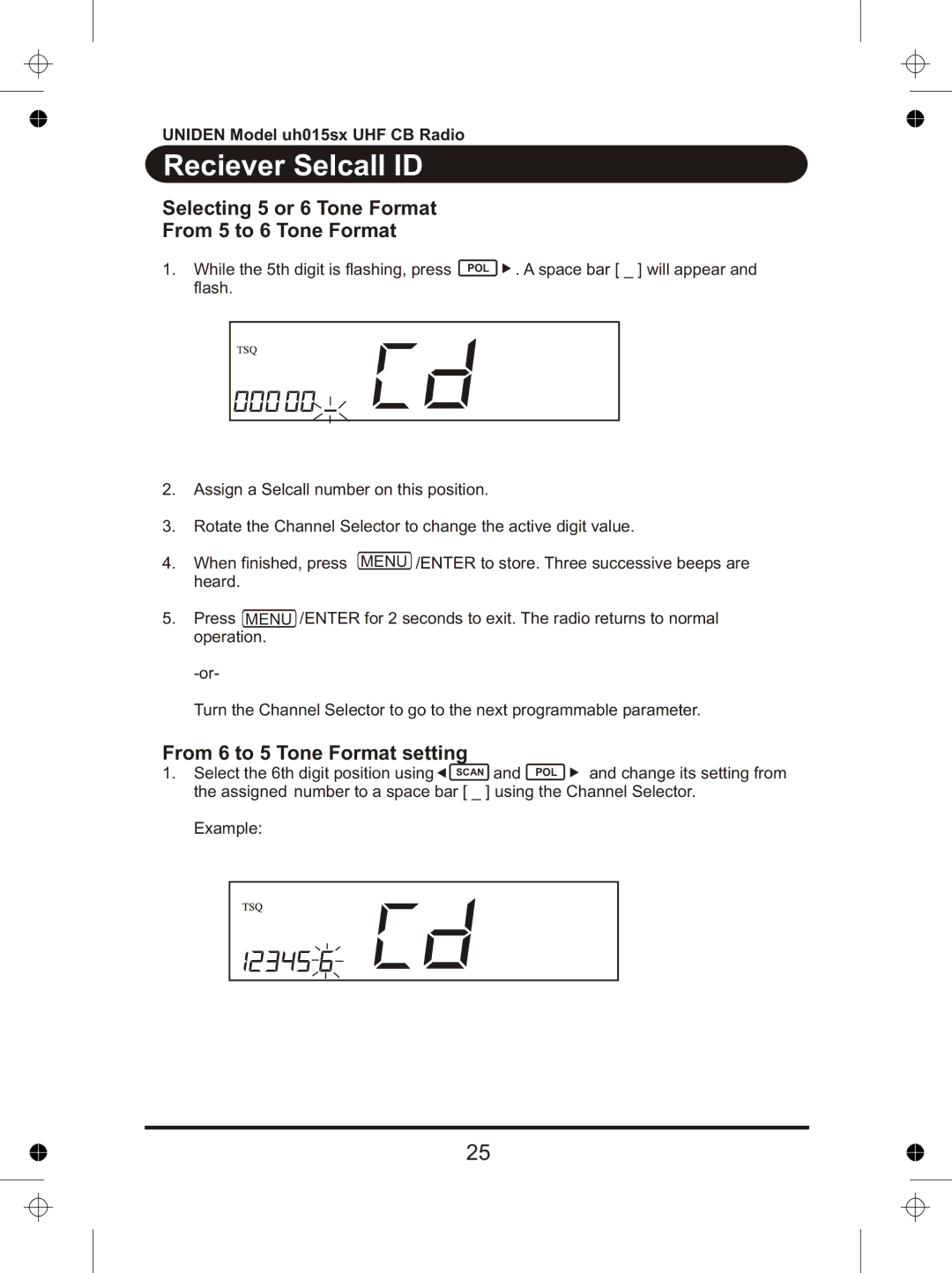 Uniden UH015sx manual Selecting 5 or 6 Tone Format From 5 to 6 Tone Format, From 6 to 5 Tone Format setting 