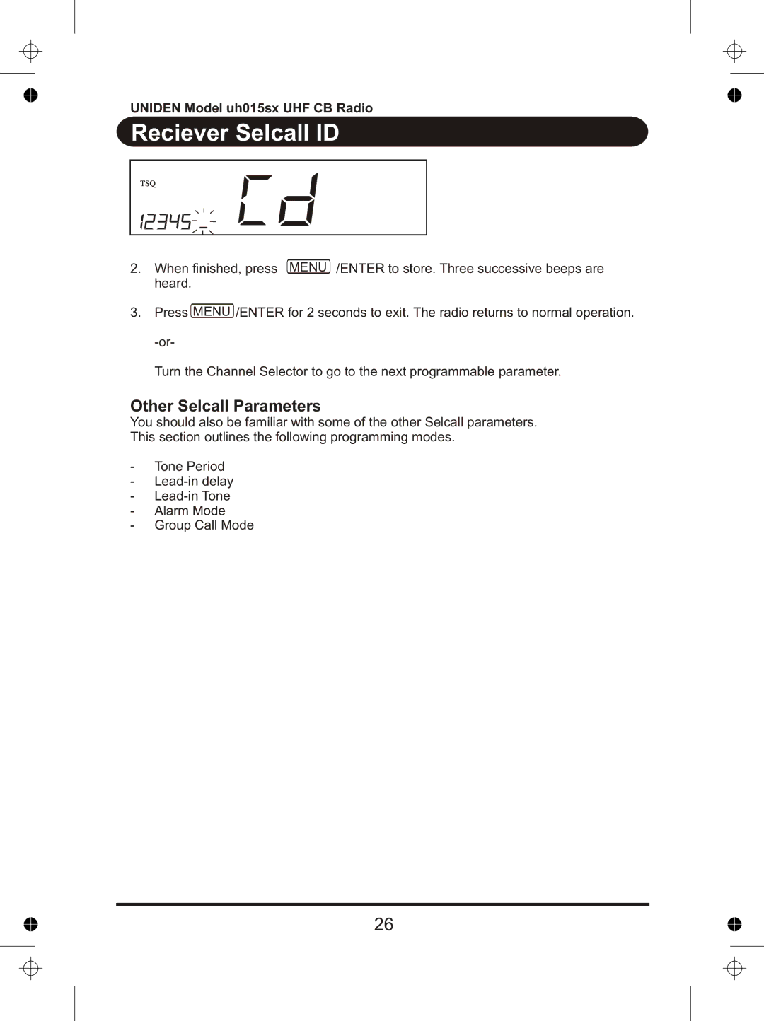 Uniden UH015sx manual Other Selcall Parameters 