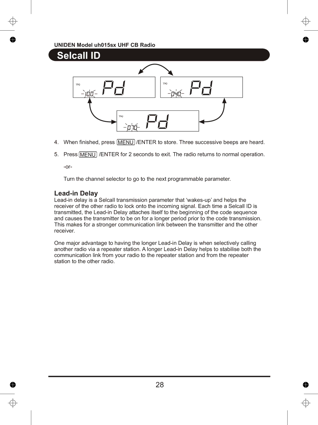 Uniden UH015sx manual Lead-in Delay 