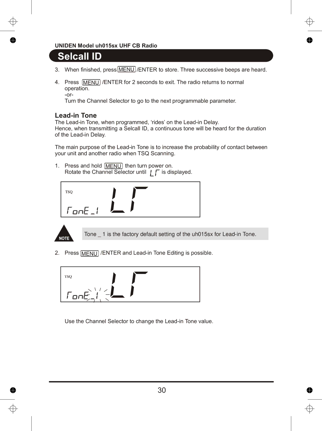 Uniden UH015sx manual Lead-in Tone 