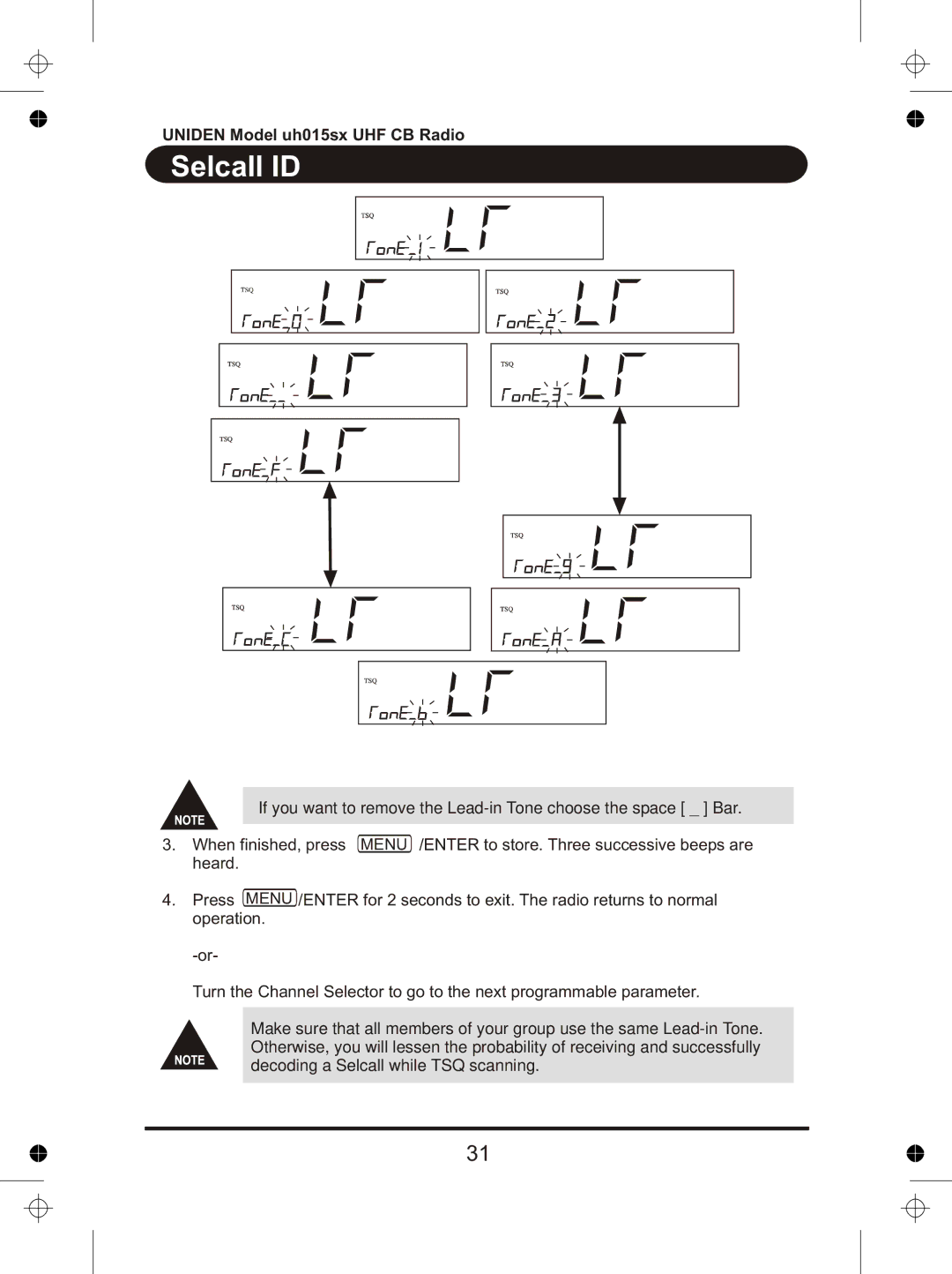 Uniden UH015sx manual If you want to remove the Lead-in Tone choose the space Bar 