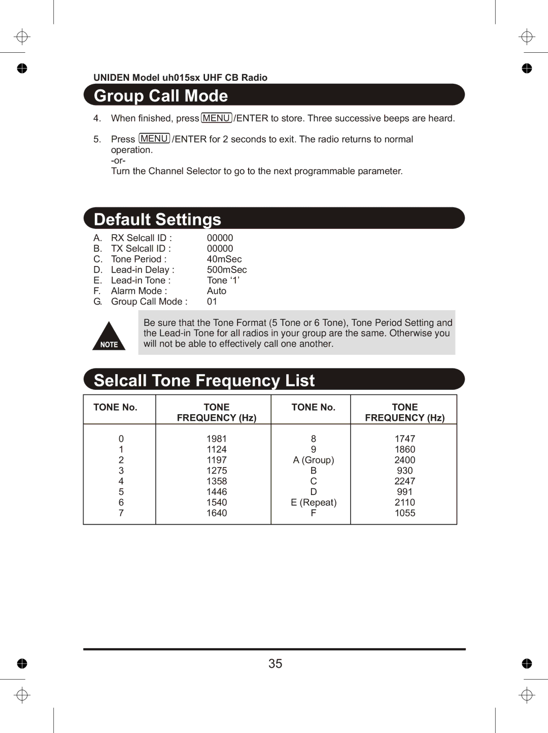 Uniden UH015sx manual Default Settings, Selcall Tone Frequency List 