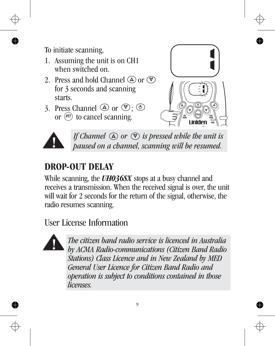 Uniden uh036sx-4 manual DROP-OUT Delay, User License Information 