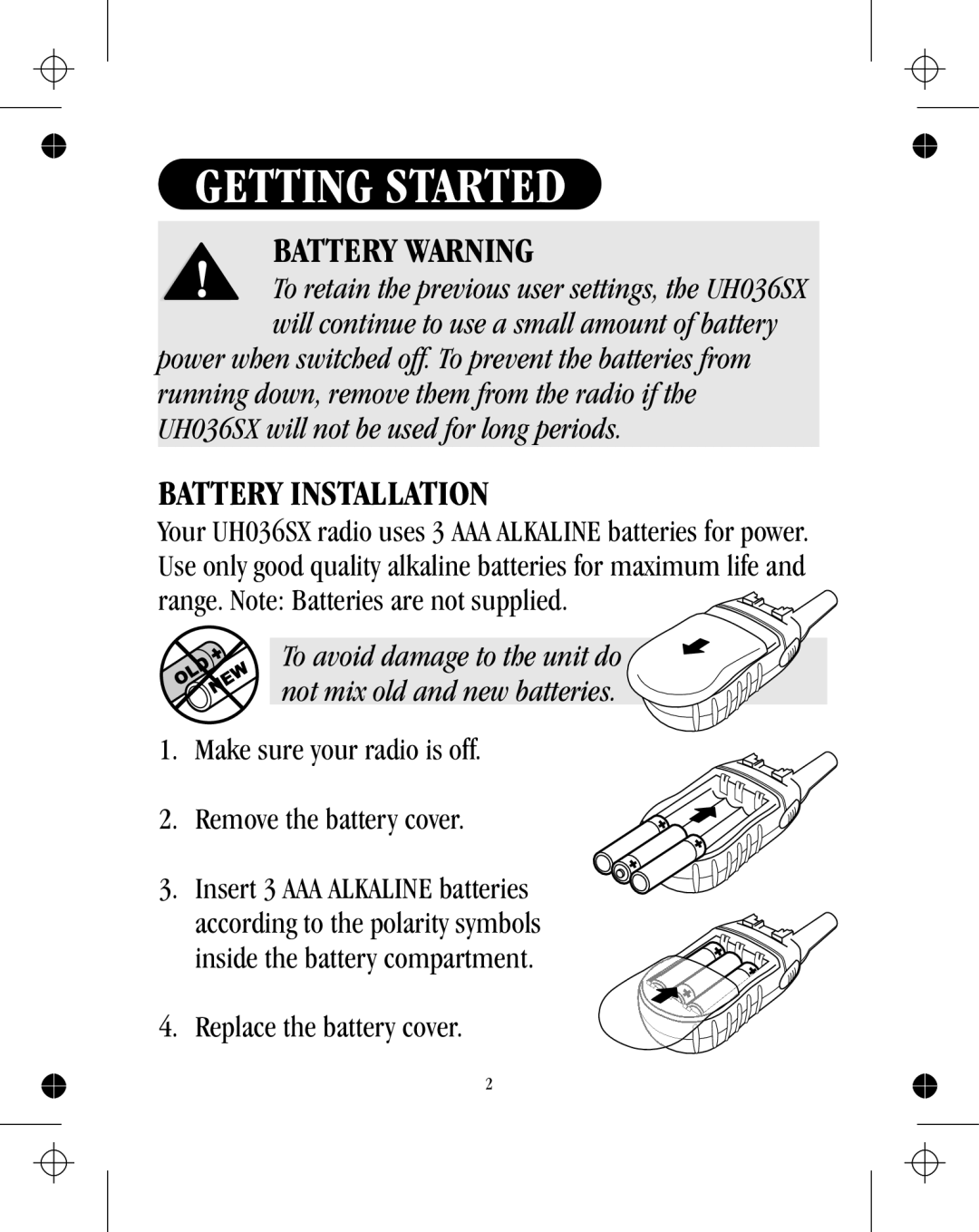 Uniden uh036sx-4 manual Getting Started, Battery Warning, Battery Installation 