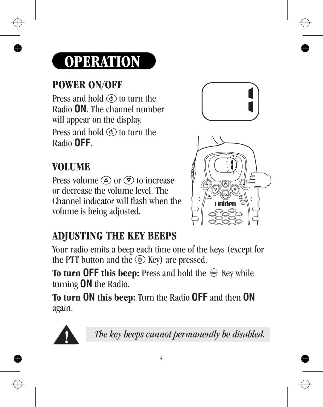 Uniden uh036sx-4 manual Operation, Power ON/OFF, Volume, Adjusting the KEY Beeps 