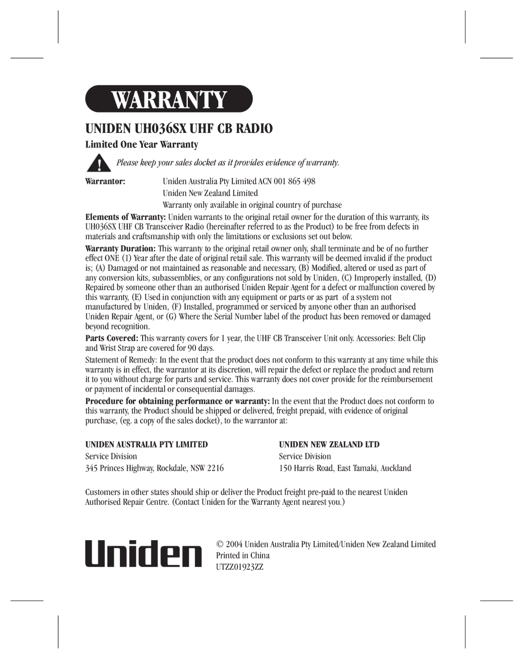 Uniden manual Warranty, Uniden UH036SX UHF CB Radio 