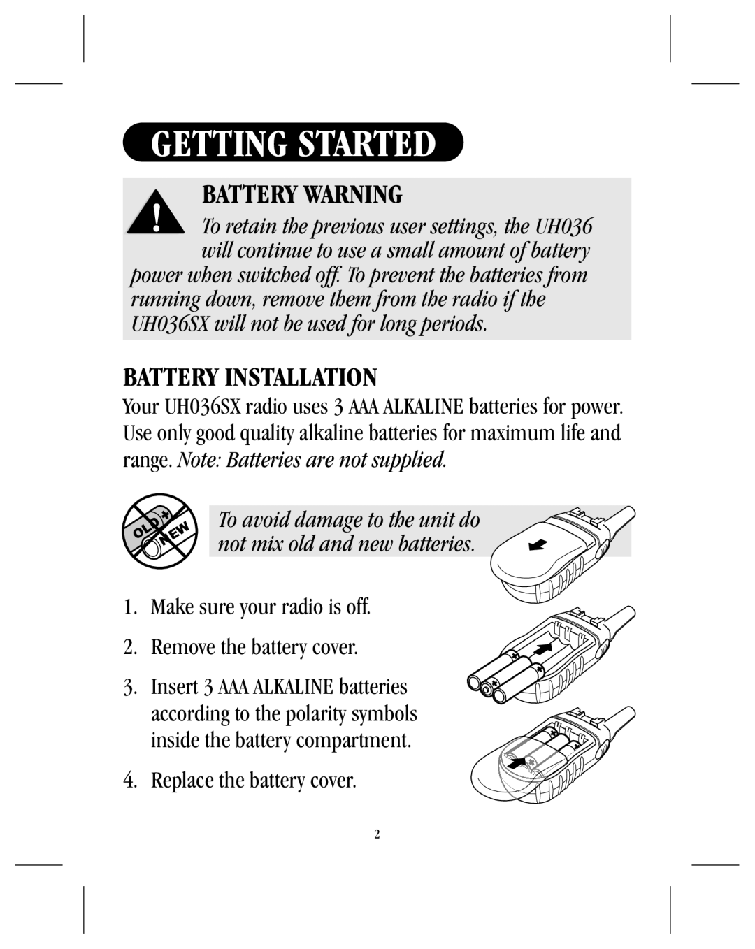 Uniden UH036SX manual Getting Started, Battery Warning, Battery Installation, Replace the battery cover 