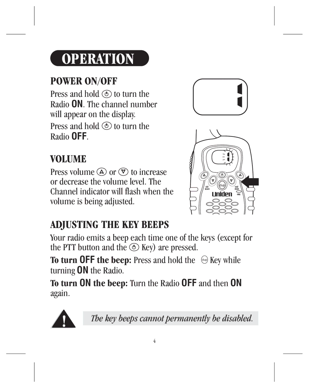 Uniden UH036SX manual Operation, Power ON/OFF, Volume, Adjusting the KEY Beeps 