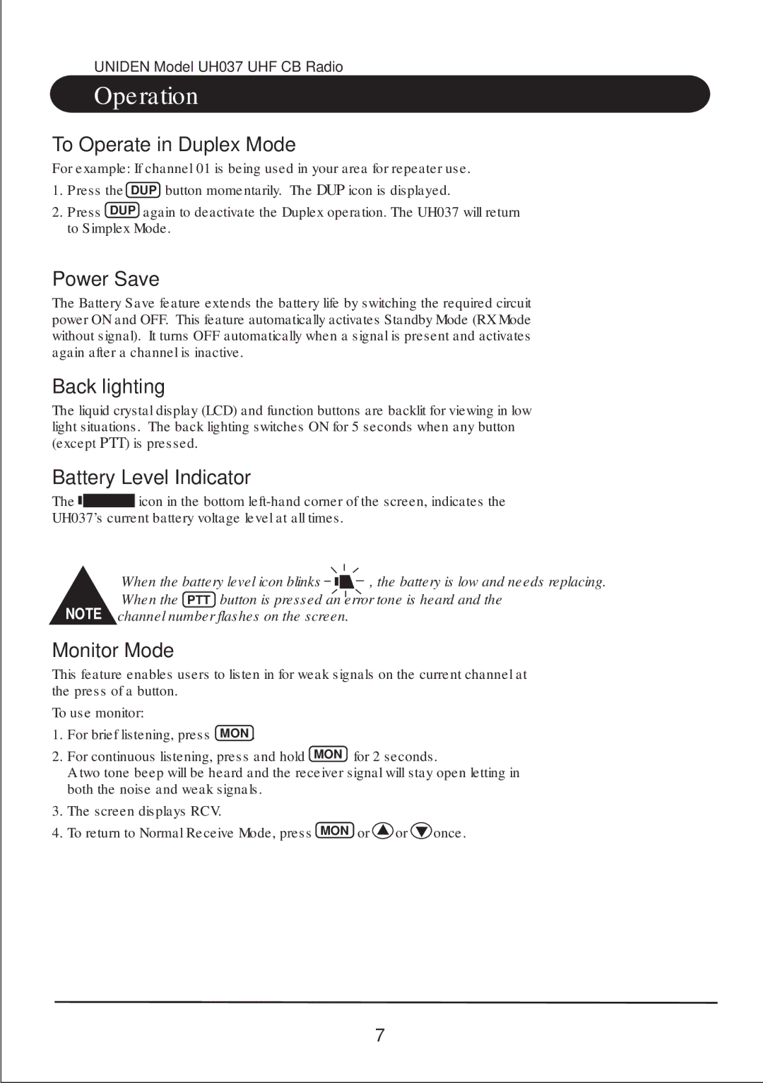 Uniden UH037 owner manual To Operate in Duplex Mode, Power Save, Back lighting, Battery Level Indicator, Monitor Mode 
