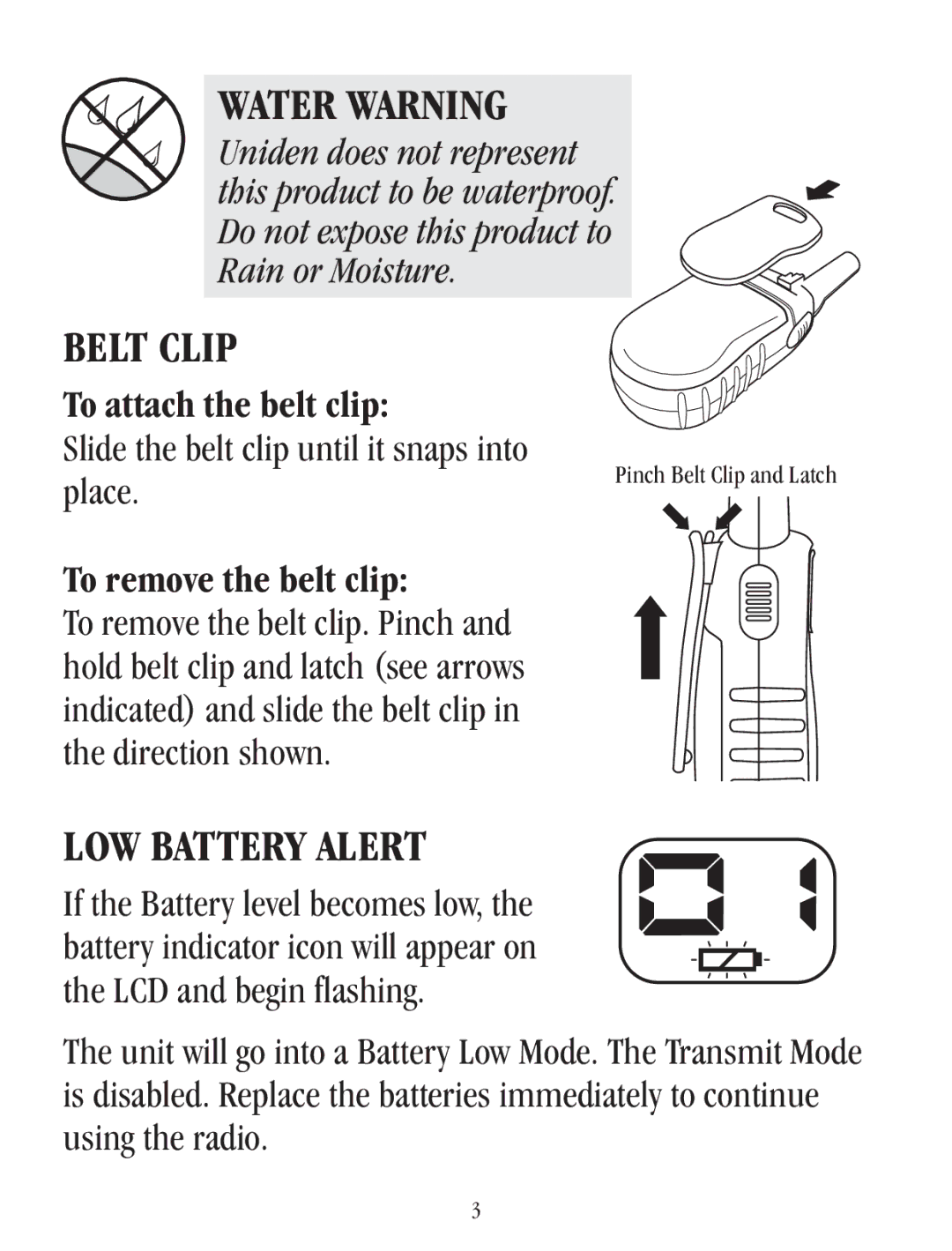 Uniden UH037SX-4, UH037SX-2 Water Warning, Belt Clip, LOW Battery Alert, To attach the belt clip, To remove the belt clip 