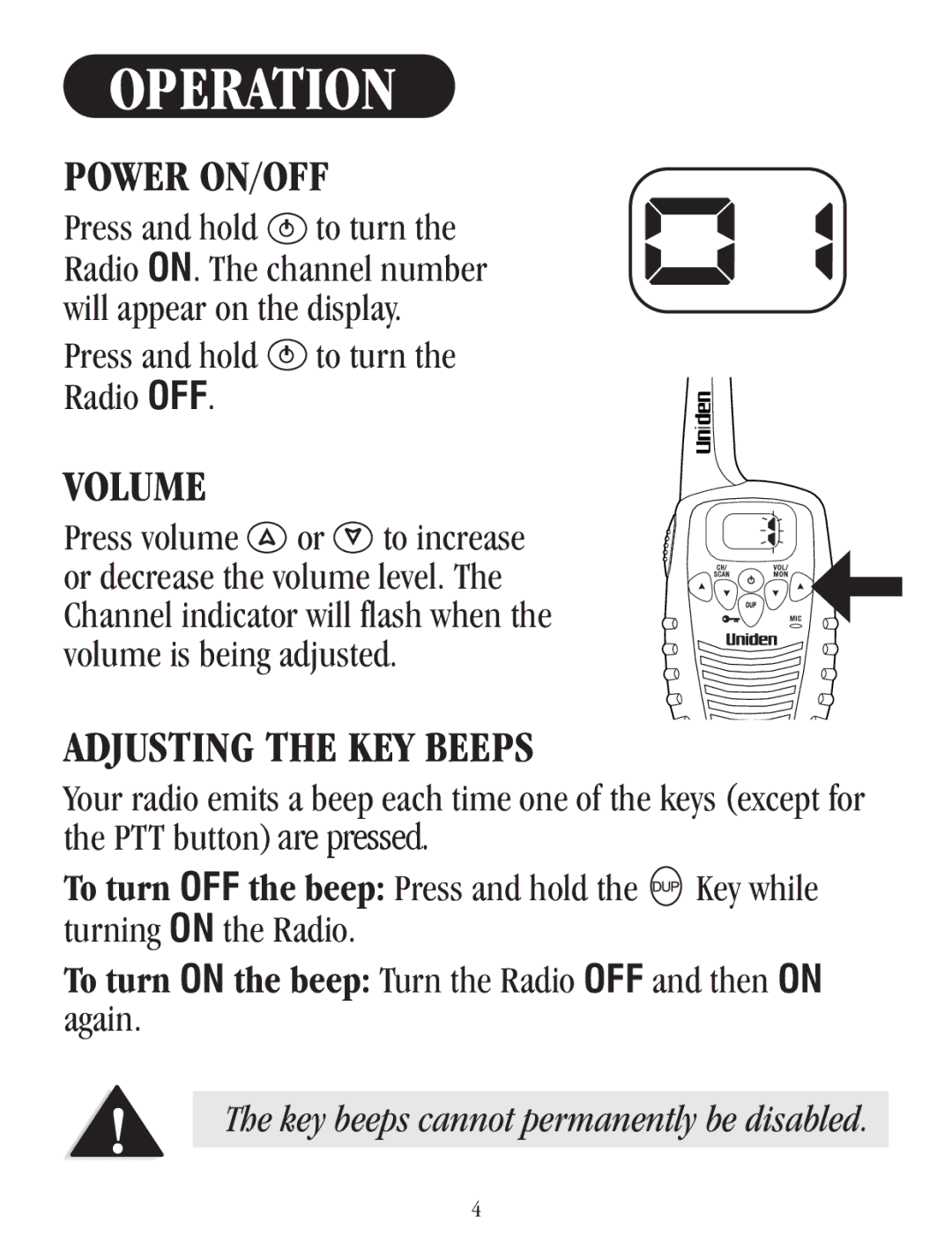 Uniden UH037SX-2, UH037SX-4 owner manual Power ON/OFF, Volume, Adjusting the KEY Beeps, Press and hold to turn the Radio OFF 