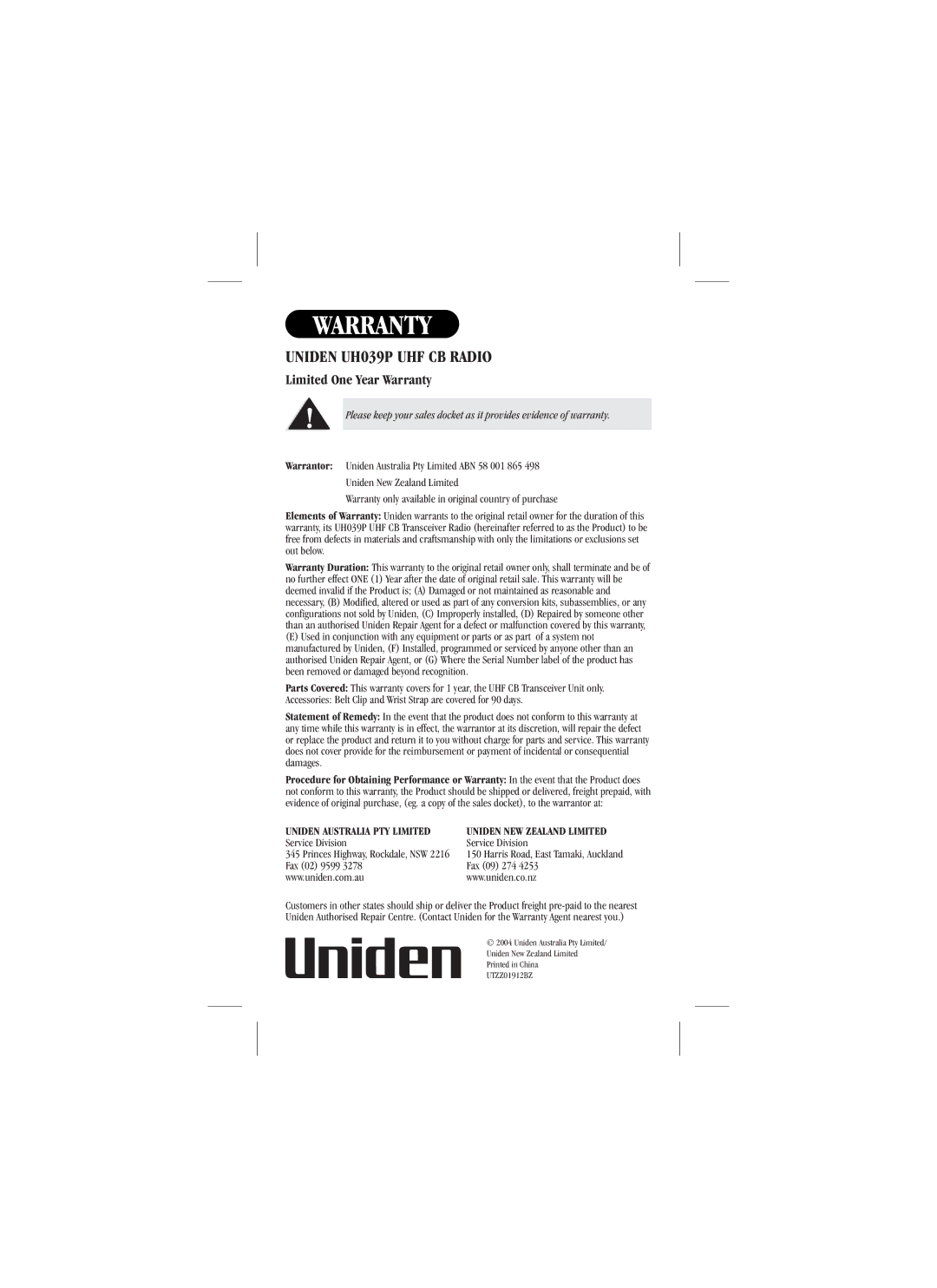 Uniden manual Warranty, Uniden UH039P UHF CB Radio 