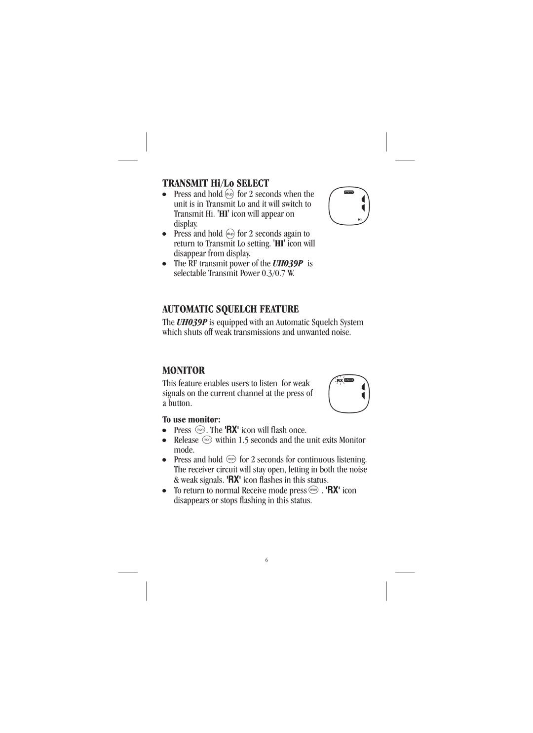 Uniden UH039P manual Automatic Squelch Feature, Monitor 