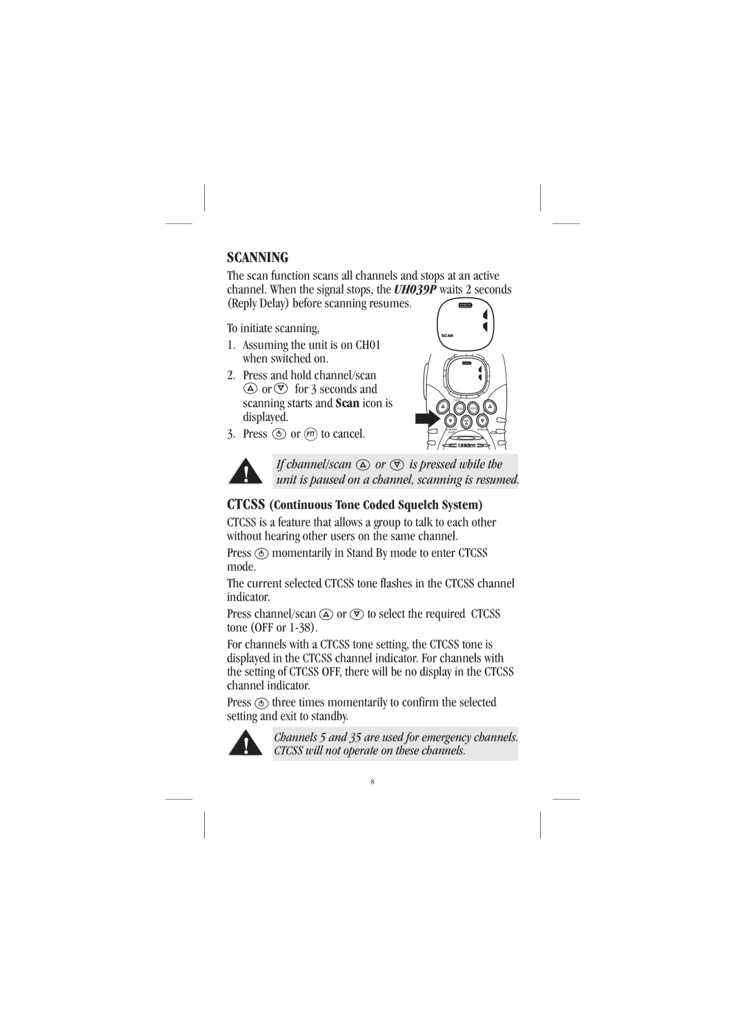 Uniden UH039P manual Scanning 