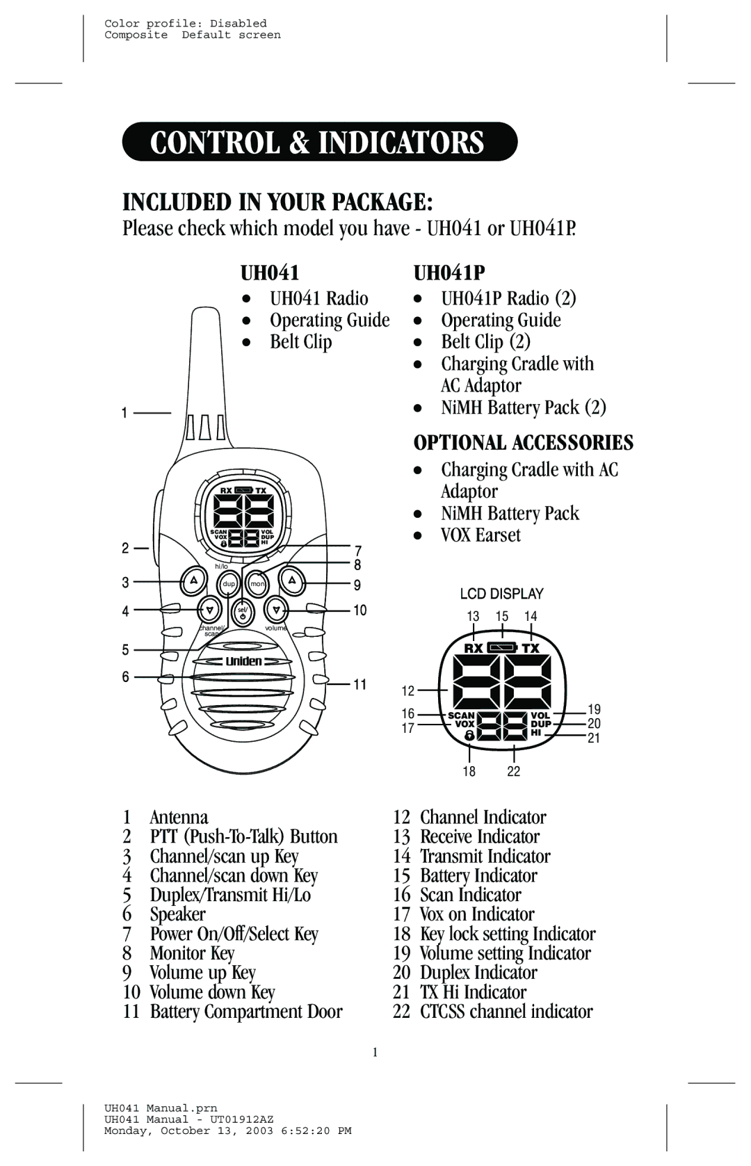 Uniden manual Included in Your Package, Please check which model you have UH041 or UH041P 