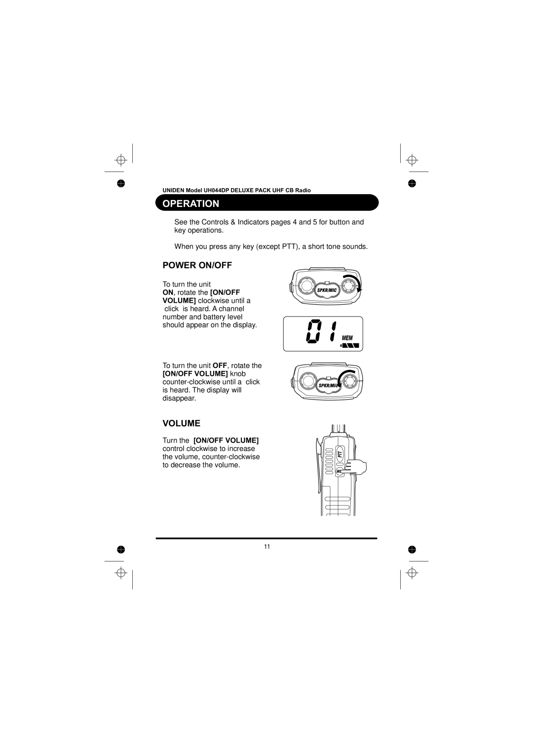 Uniden UH044DP manual Operation, Power ON/OFF, Volume 