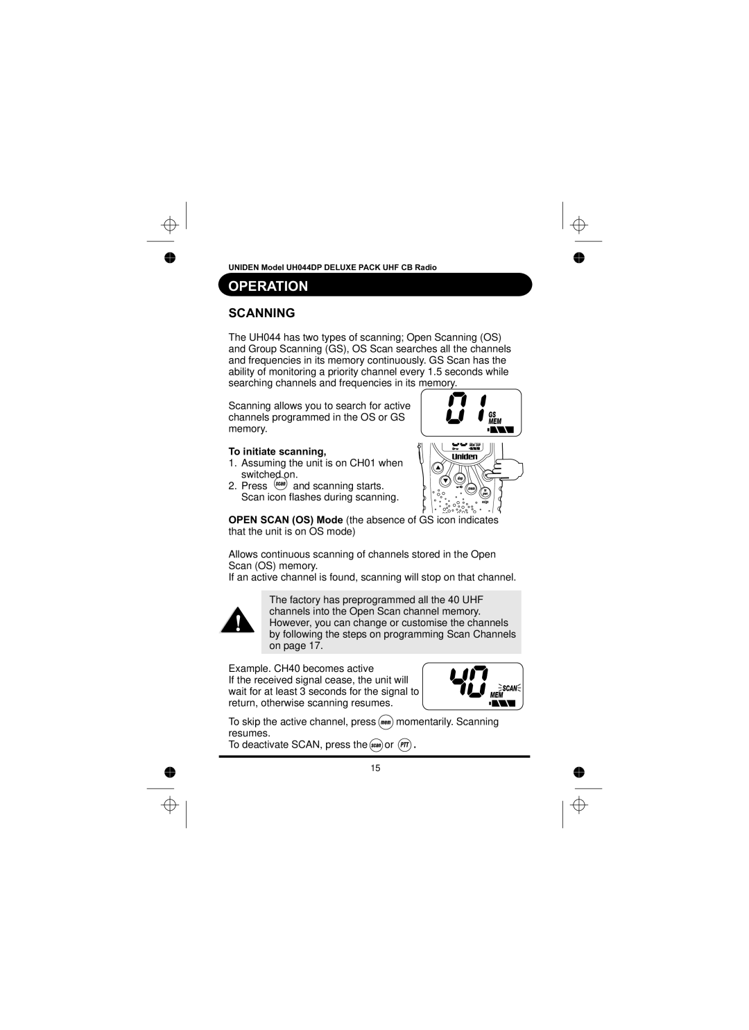 Uniden UH044DP manual Scanning, To initiate scanning 