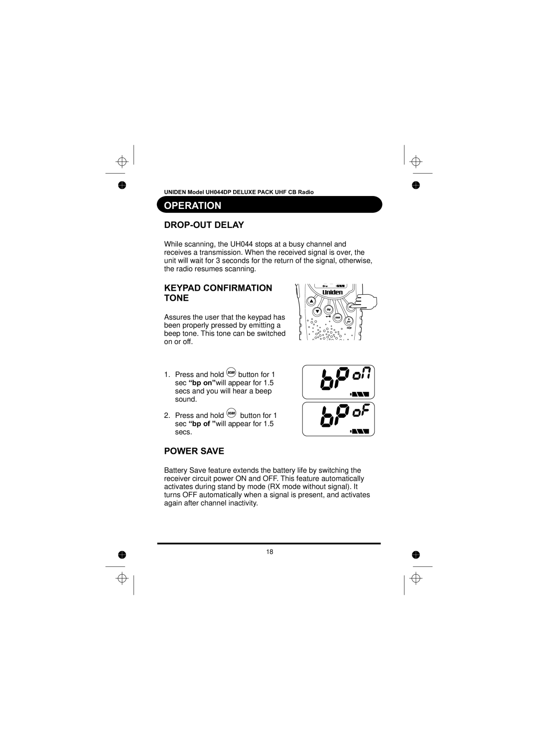 Uniden UH044DP manual DROP-OUT Delay, Keypad Confirmation Tone, Power Save 