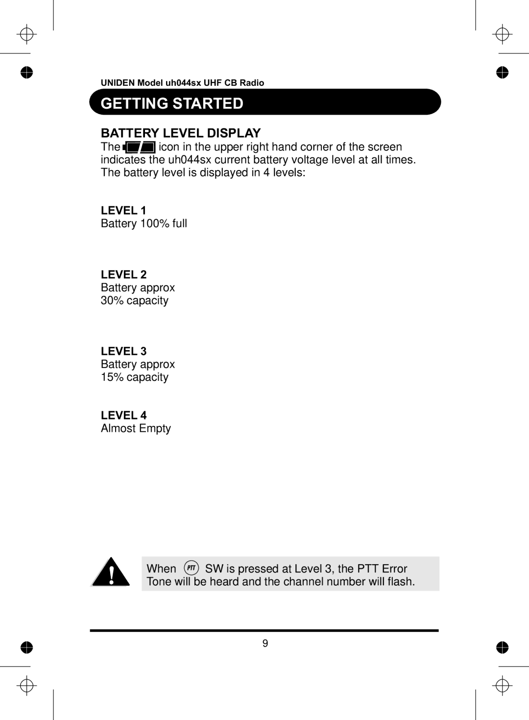 Uniden UH044SX manual Battery Level Display 