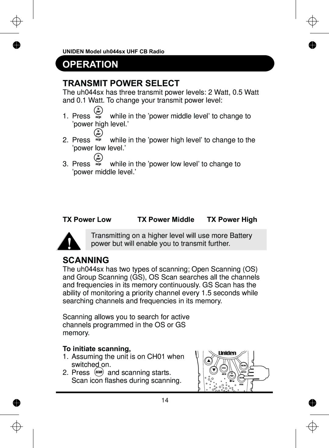 Uniden UH044SX manual Transmit Power Select, Scanning 