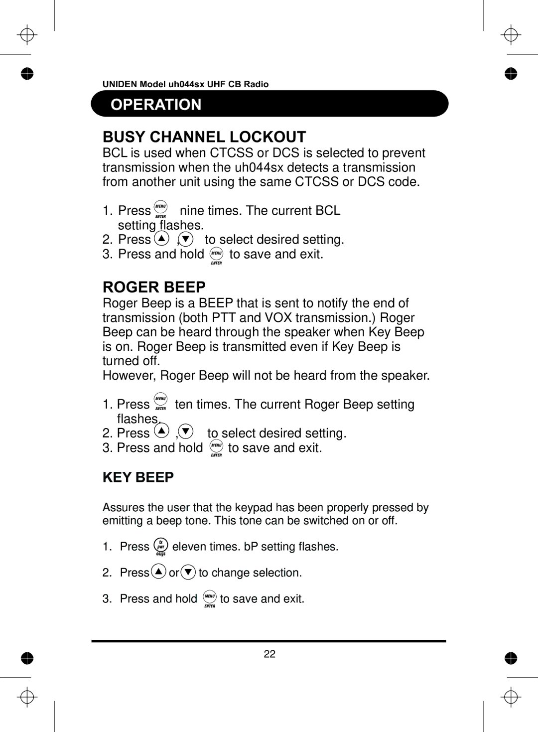 Uniden UH044SX manual Busy Channel Lockout, KEY Beep 