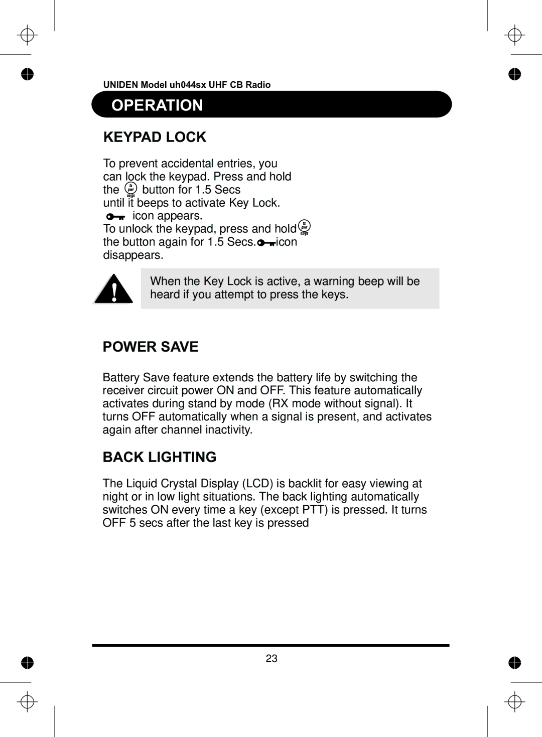 Uniden UH044SX manual Keypad Lock, Power Save, Back Lighting 