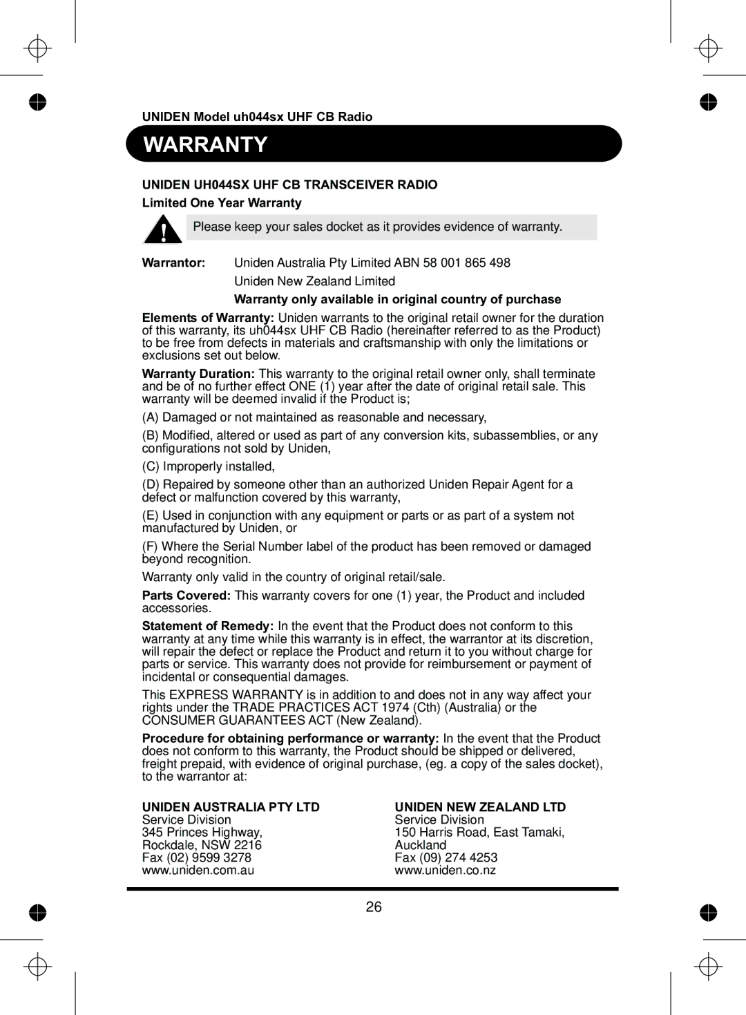 Uniden manual Warranty, Uniden UH044SX UHF CB Transceiver Radio 