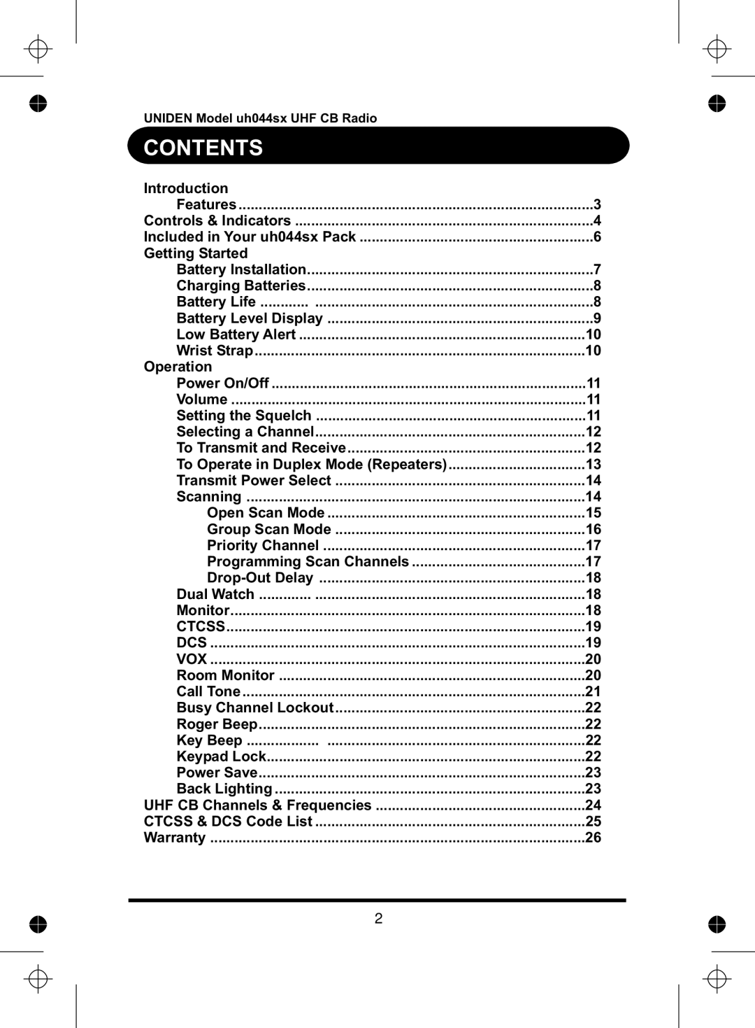 Uniden UH044SX manual Contents 