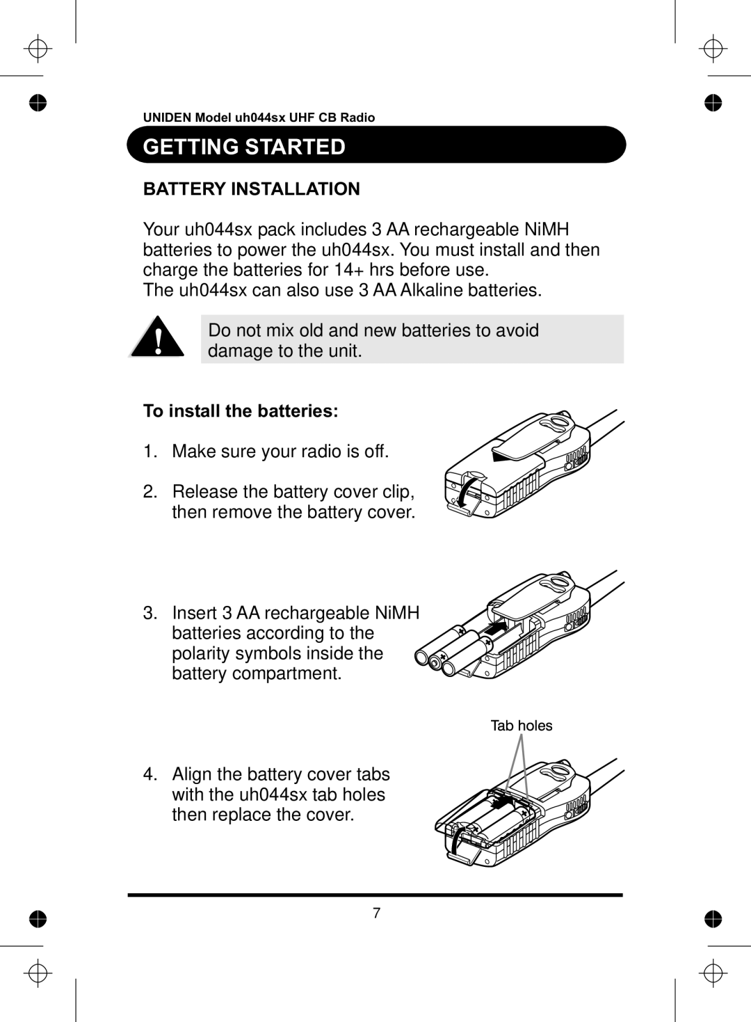 Uniden UH044SX manual Getting Started, Battery Installation 