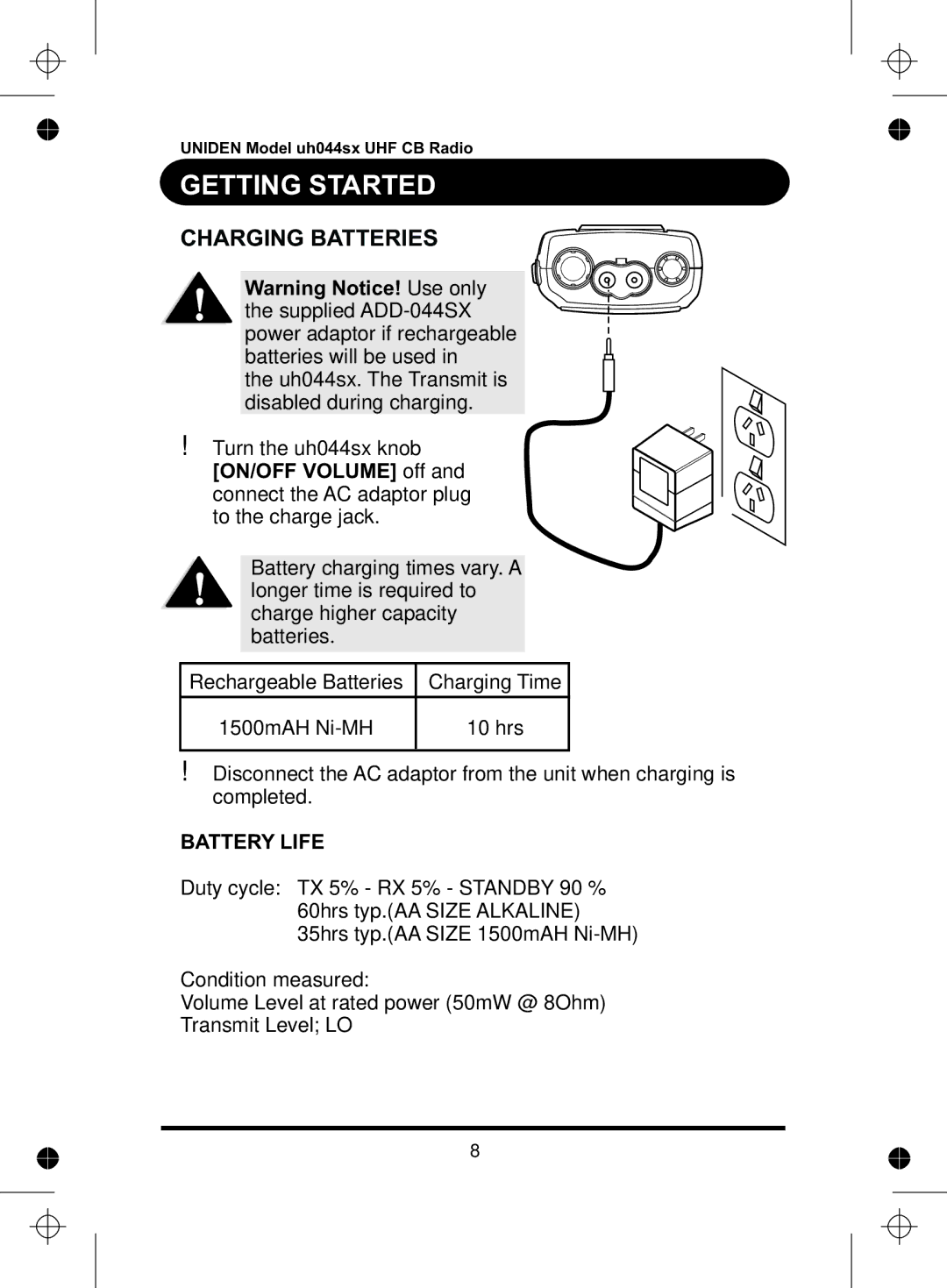 Uniden UH044SX manual Charging Batteries 