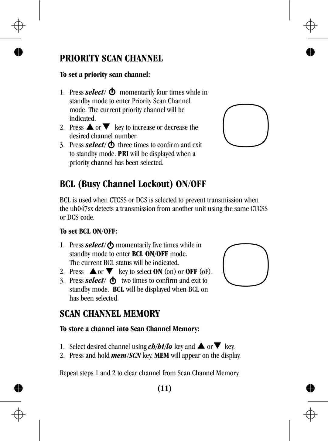 Uniden UH047sx manual Priority Scan Channel, Scan Channel Memory, To set a priority scan channel, To set BCL ON/OFF 