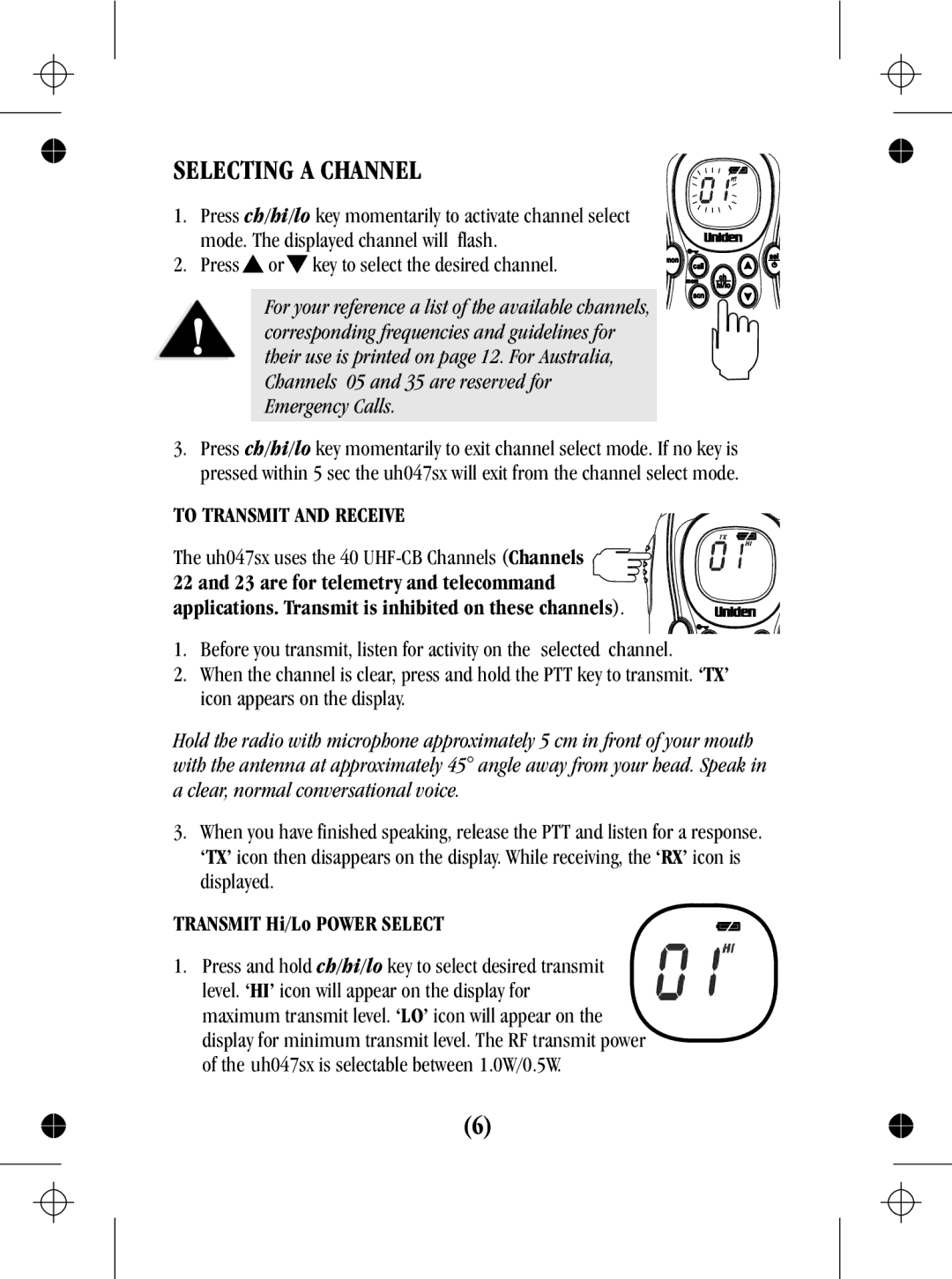 Uniden UH047sx manual Selecting a Channel 