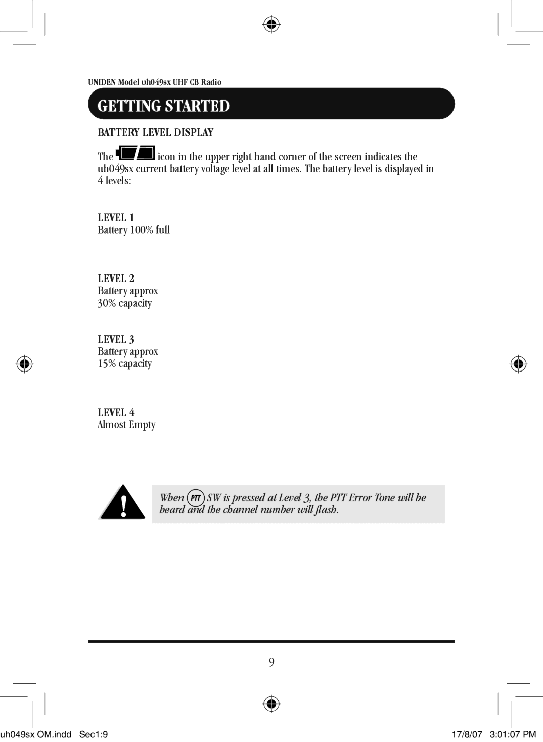 Uniden uh049sx-2 owner manual Battery Level Display, Levels, Battery 100% full, Almost Empty 