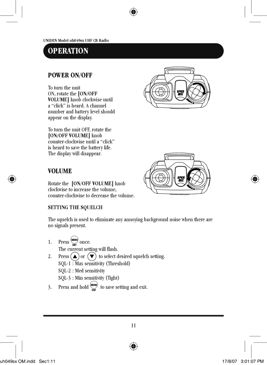 Uniden uh049sx-2 owner manual Operation, Power ON/OFF, Volume, Setting the Squelch 