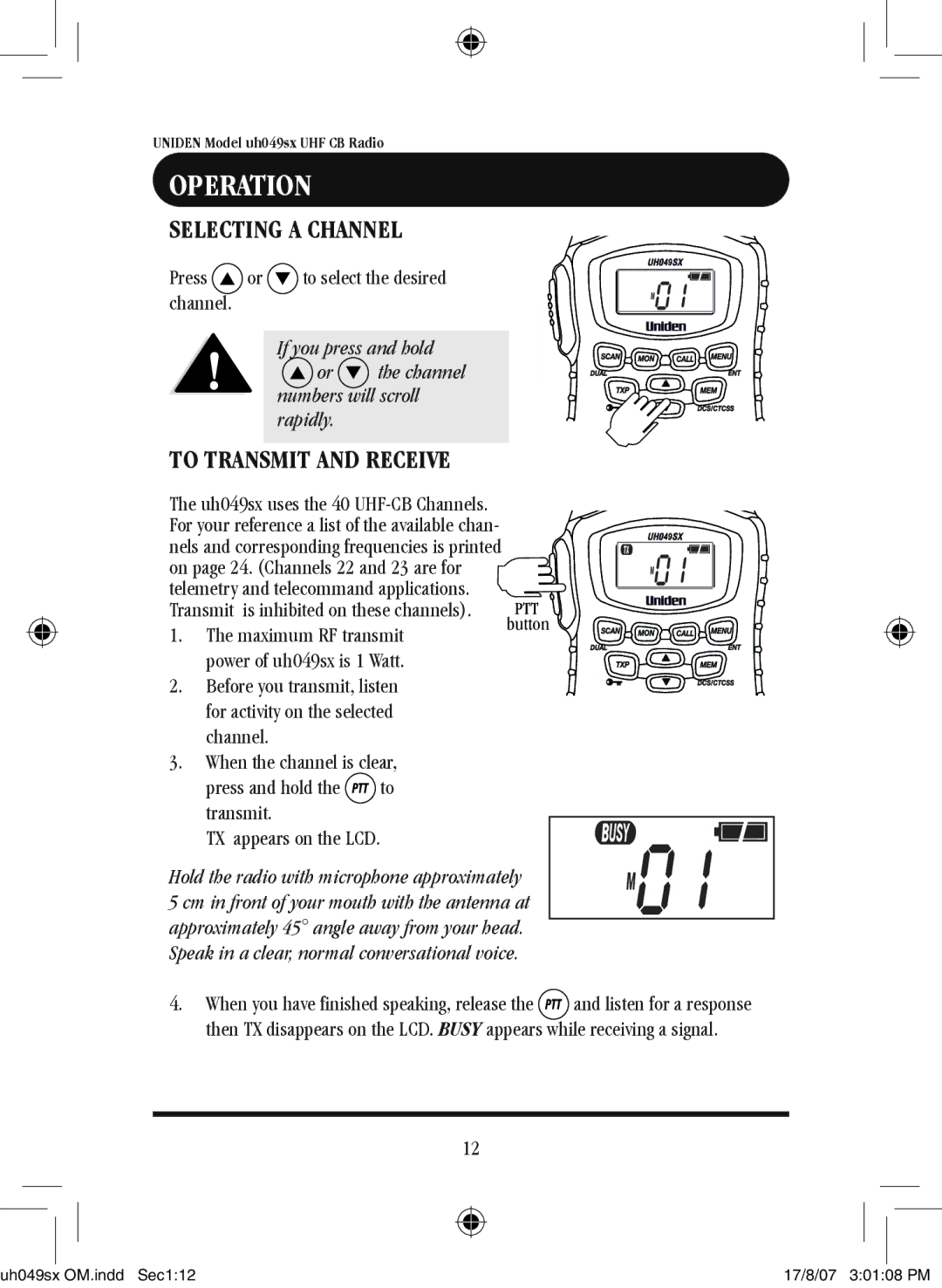 Uniden uh049sx Selecting a Channel, To Transmit and Receive, Press or to select the desired channel, Maximum RF transmit 