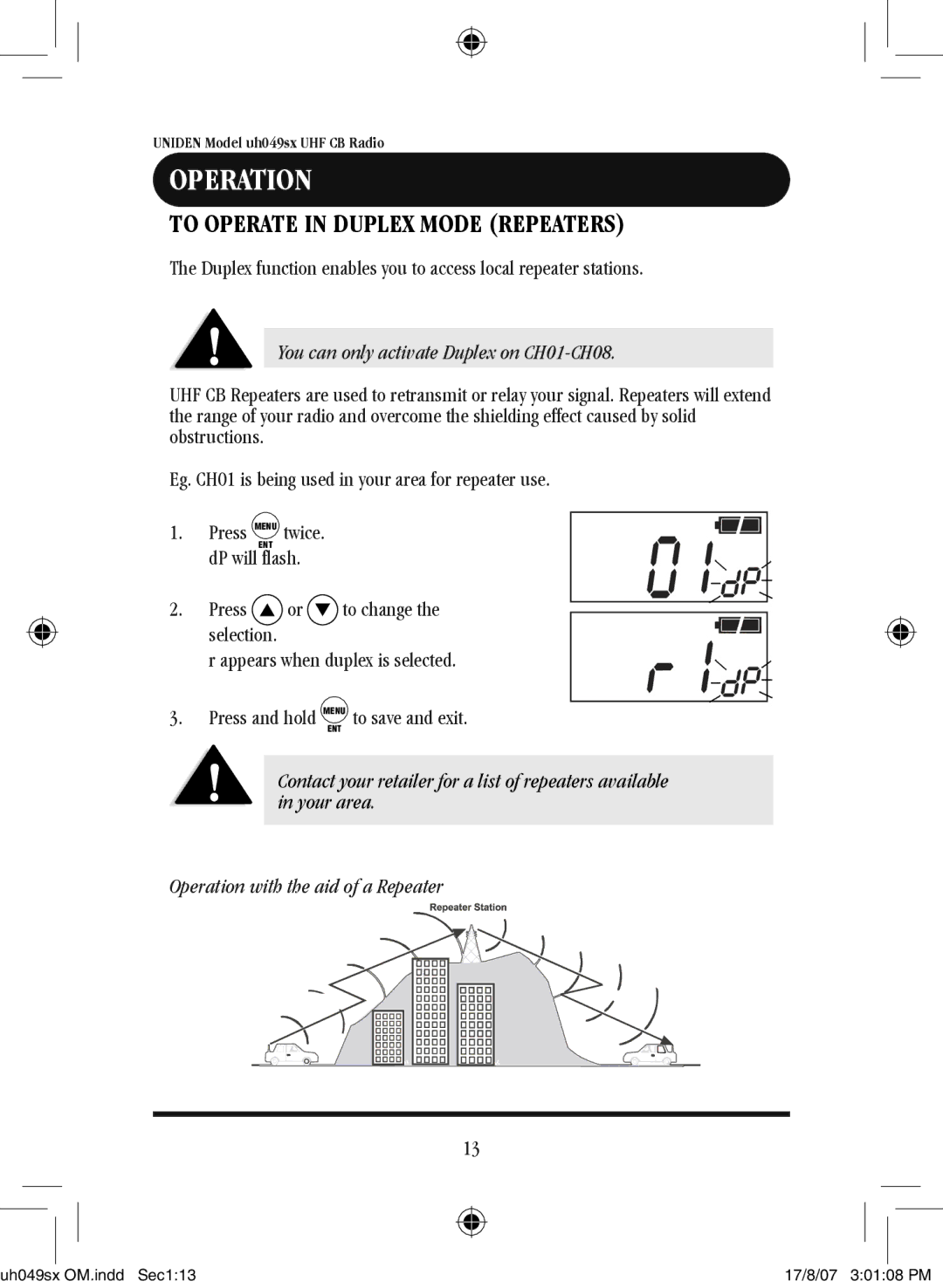 Uniden uh049sx-2 owner manual To Operate in Duplex Mode Repeaters 