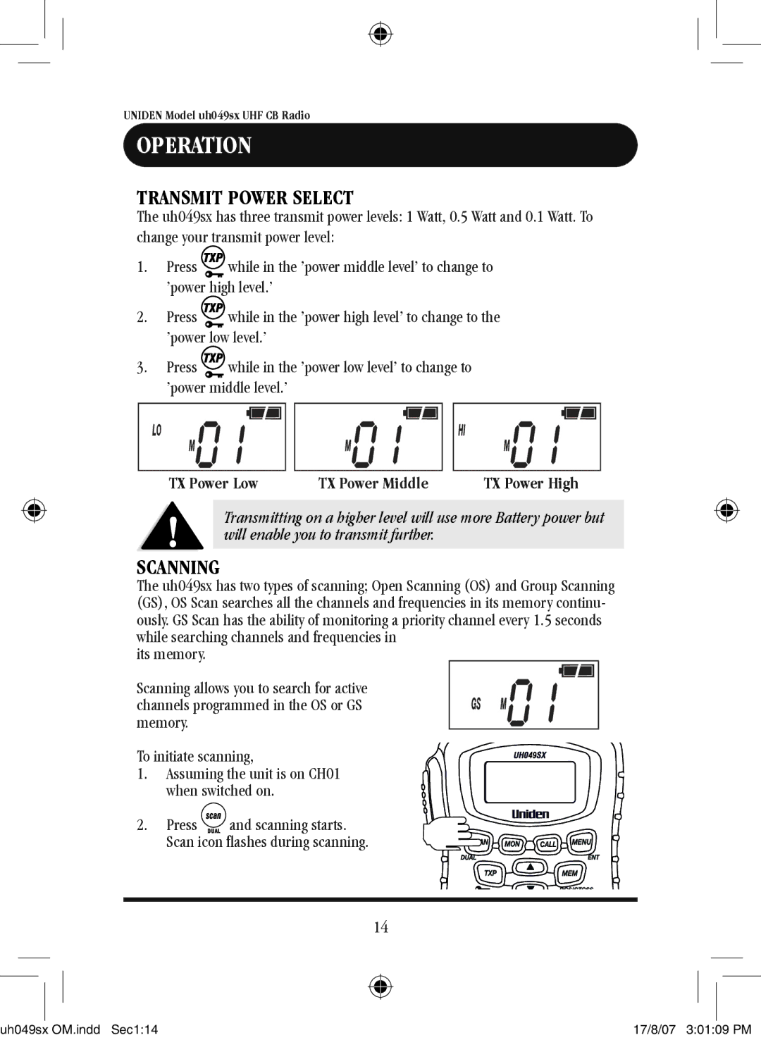 Uniden uh049sx-2 owner manual TX Power Low TX Power Middle, Its memory, To initiate scanning 