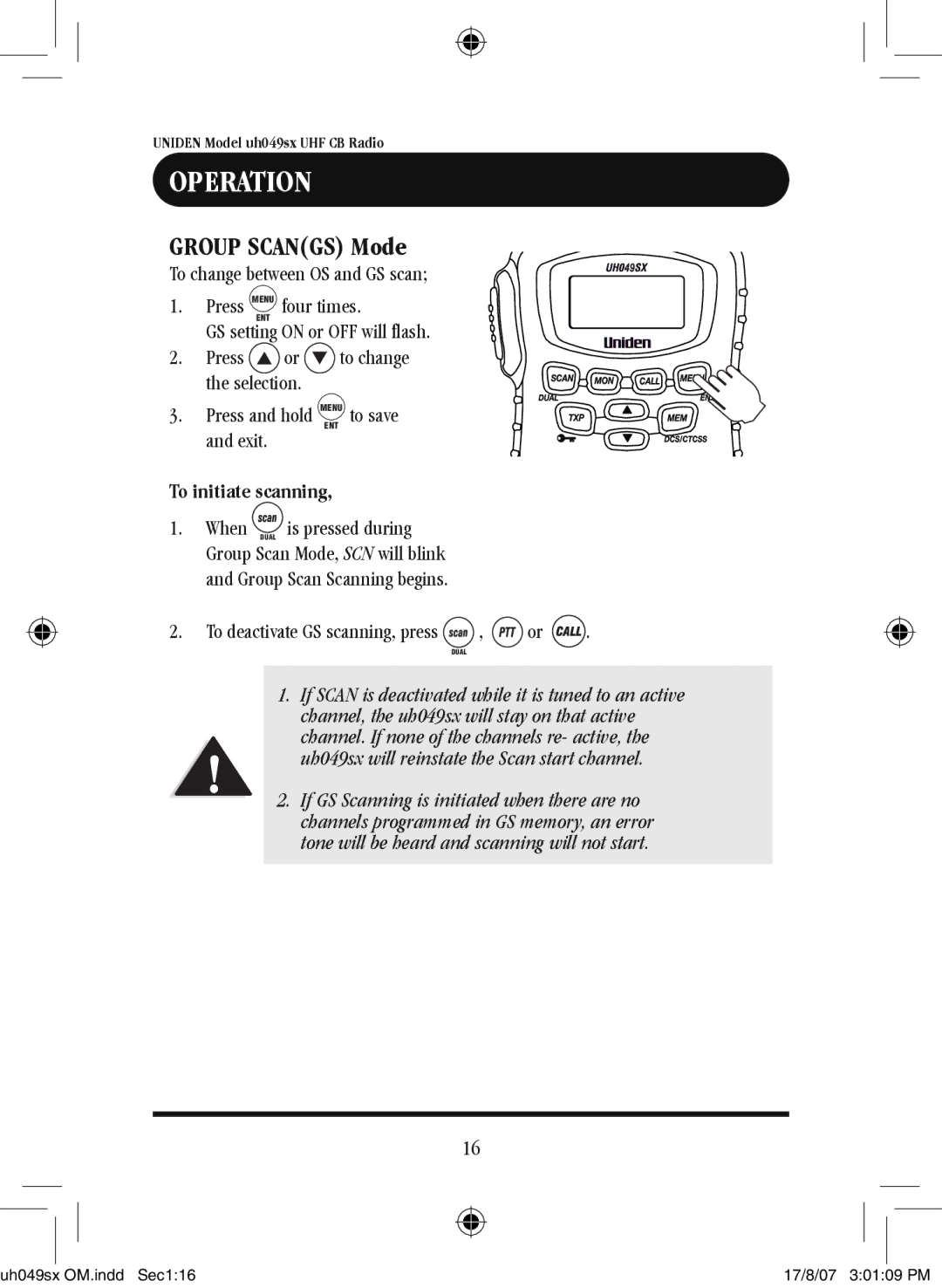 Uniden uh049sx-2 owner manual To initiate scanning, To deactivate GS scanning, press , or 