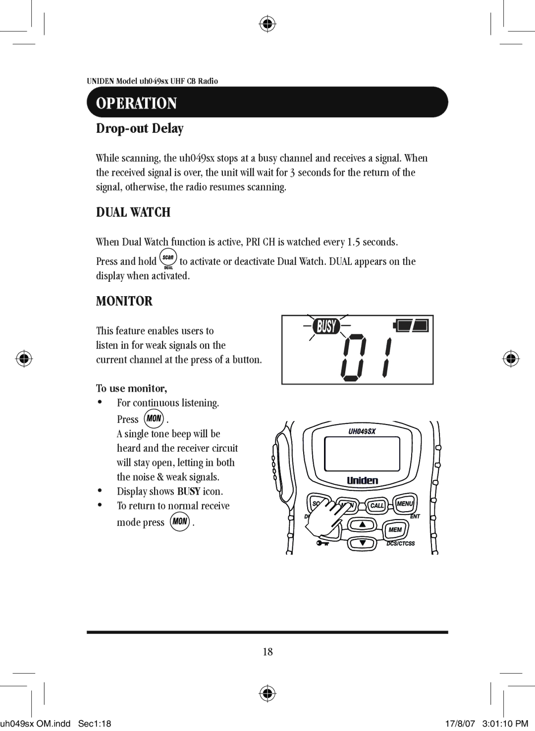 Uniden uh049sx-2 Dual Watch, Monitor, Display when activated, To use monitor, For continuous listening Press 