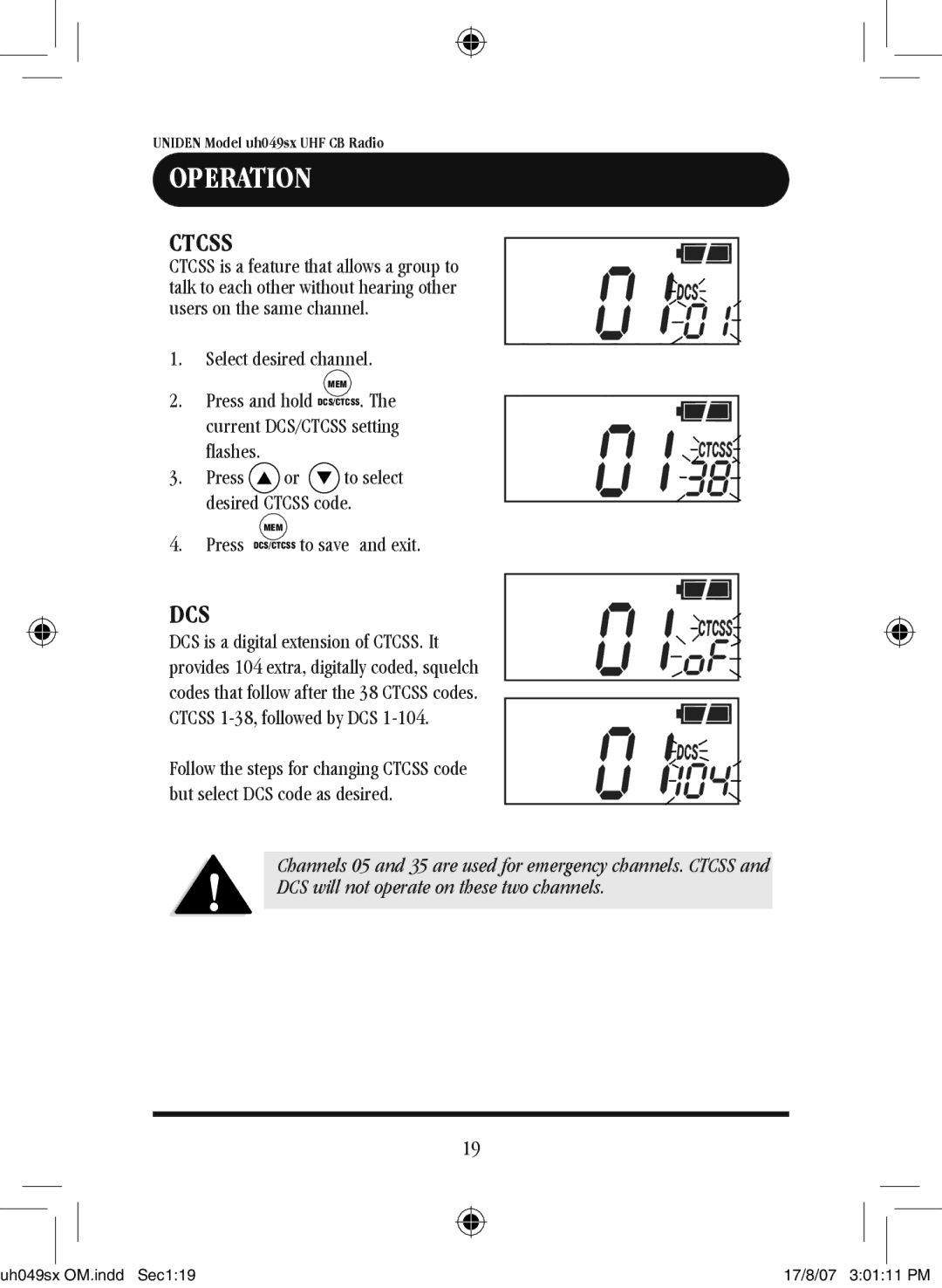 Uniden uh049sx-2 Dcs, Select desired channel, Press or to select Desired Ctcss code, Press DCS/CTCSS to save and exit 