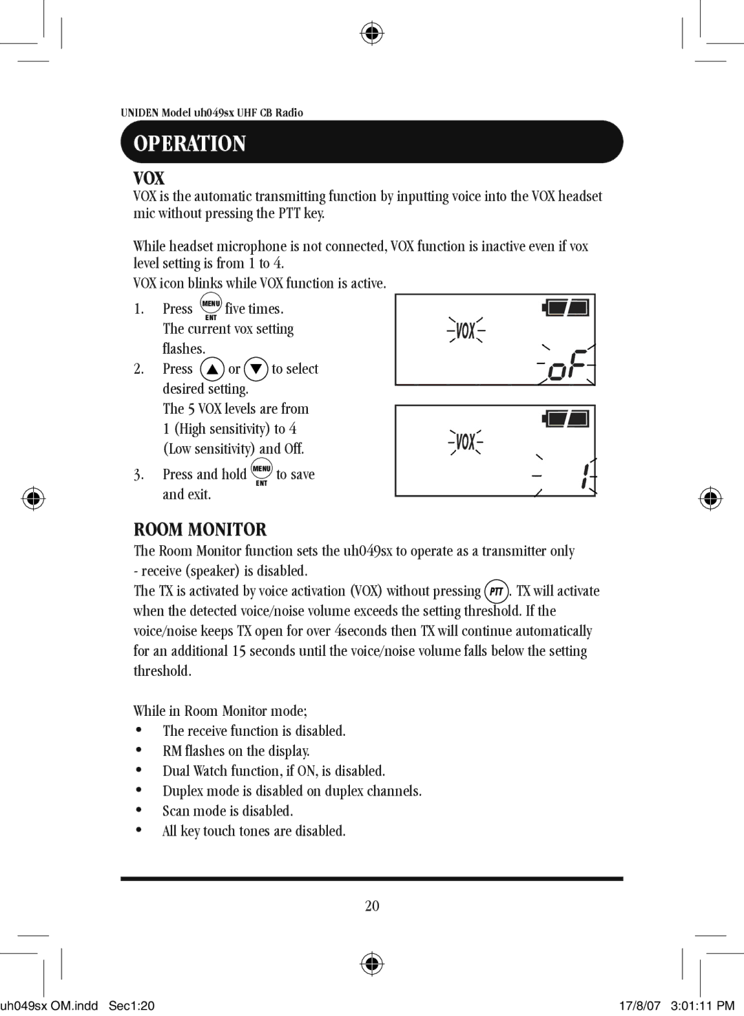 Uniden uh049sx-2 owner manual Vox, Room Monitor, Current vox setting flashes, Press and hold Menu to save Exit 