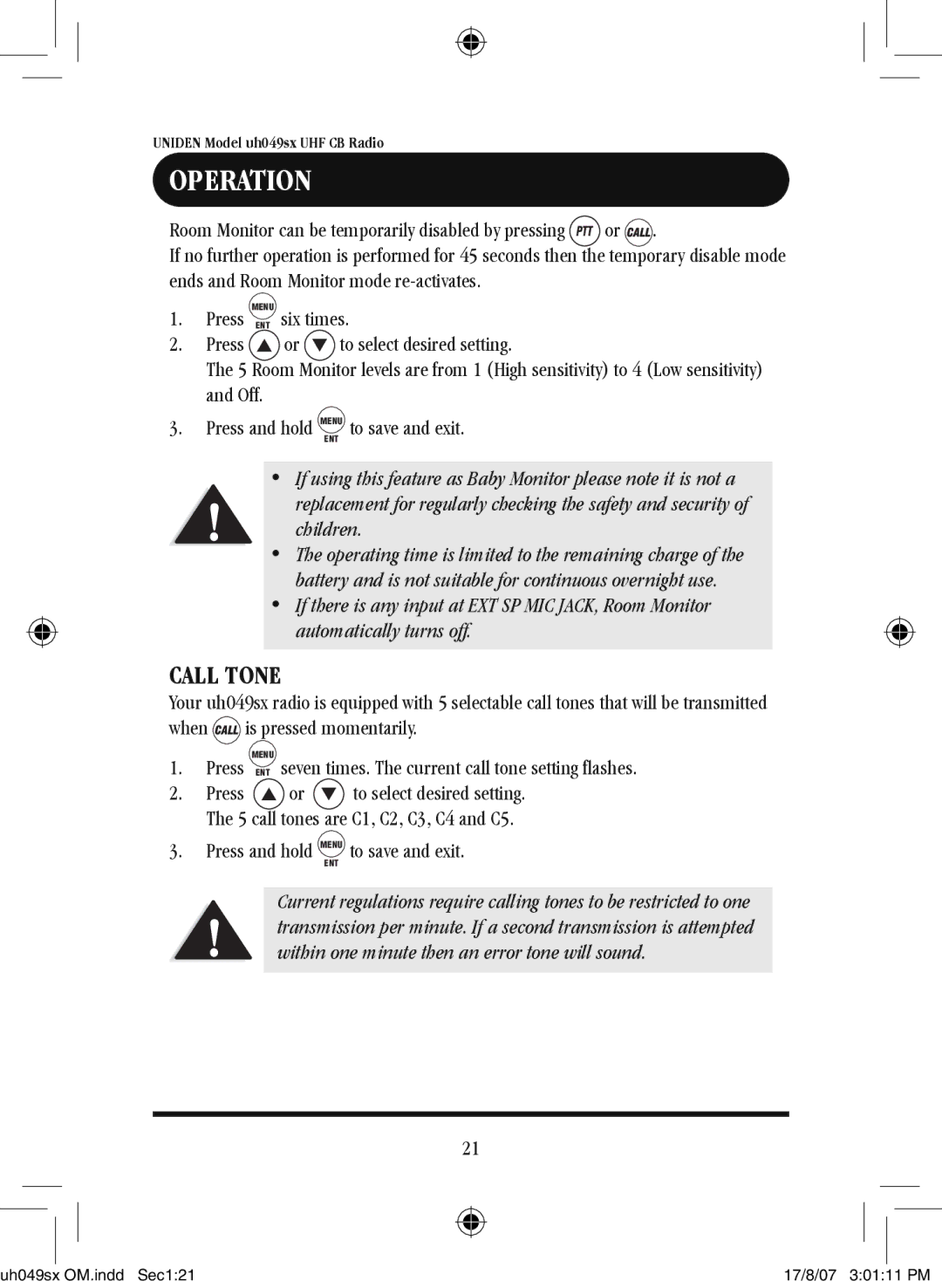 Uniden uh049sx-2 owner manual Call Tone, Room Monitor can be temporarily disabled by pressing or 