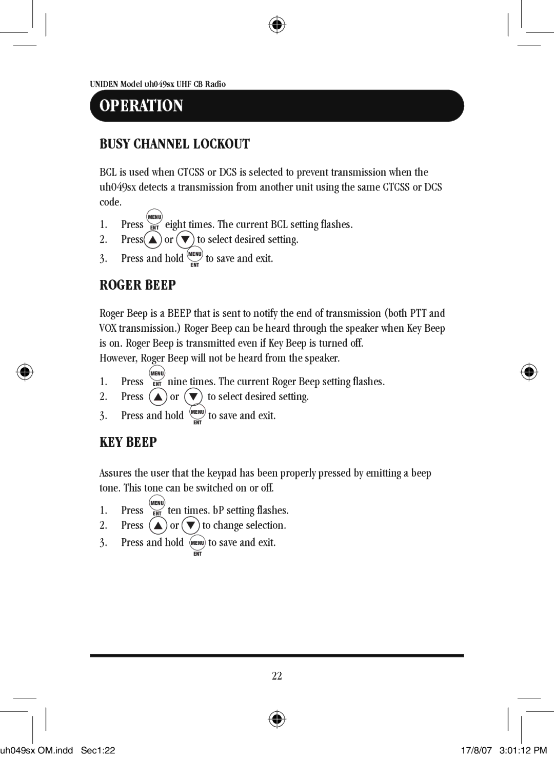 Uniden uh049sx-2 owner manual Busy Channel Lockout, Roger Beep, KEY Beep 